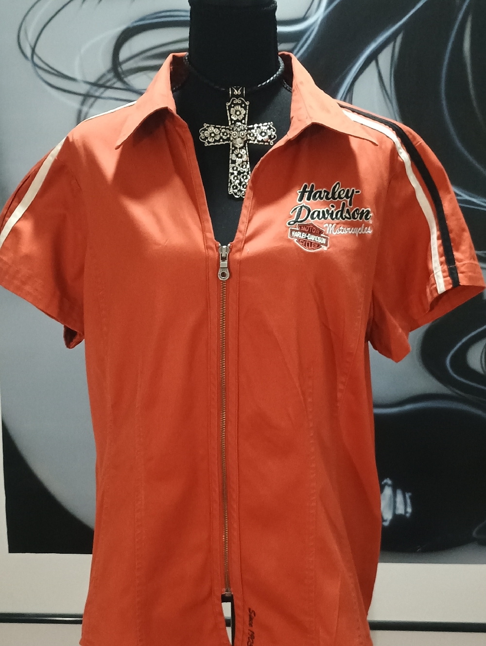 Harley-Davidson Orange Short-Sleeve Zip Shirt with Stripe Accents. Size XL